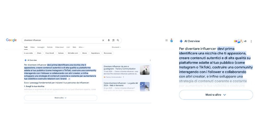 Screenshot di una pagina Google che mostra la risposta automatica dell'AI Overview accanto ai risultati di ricerca